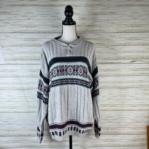Vintage Chunky Cotton Nordic Stripe Henley Style Sweater